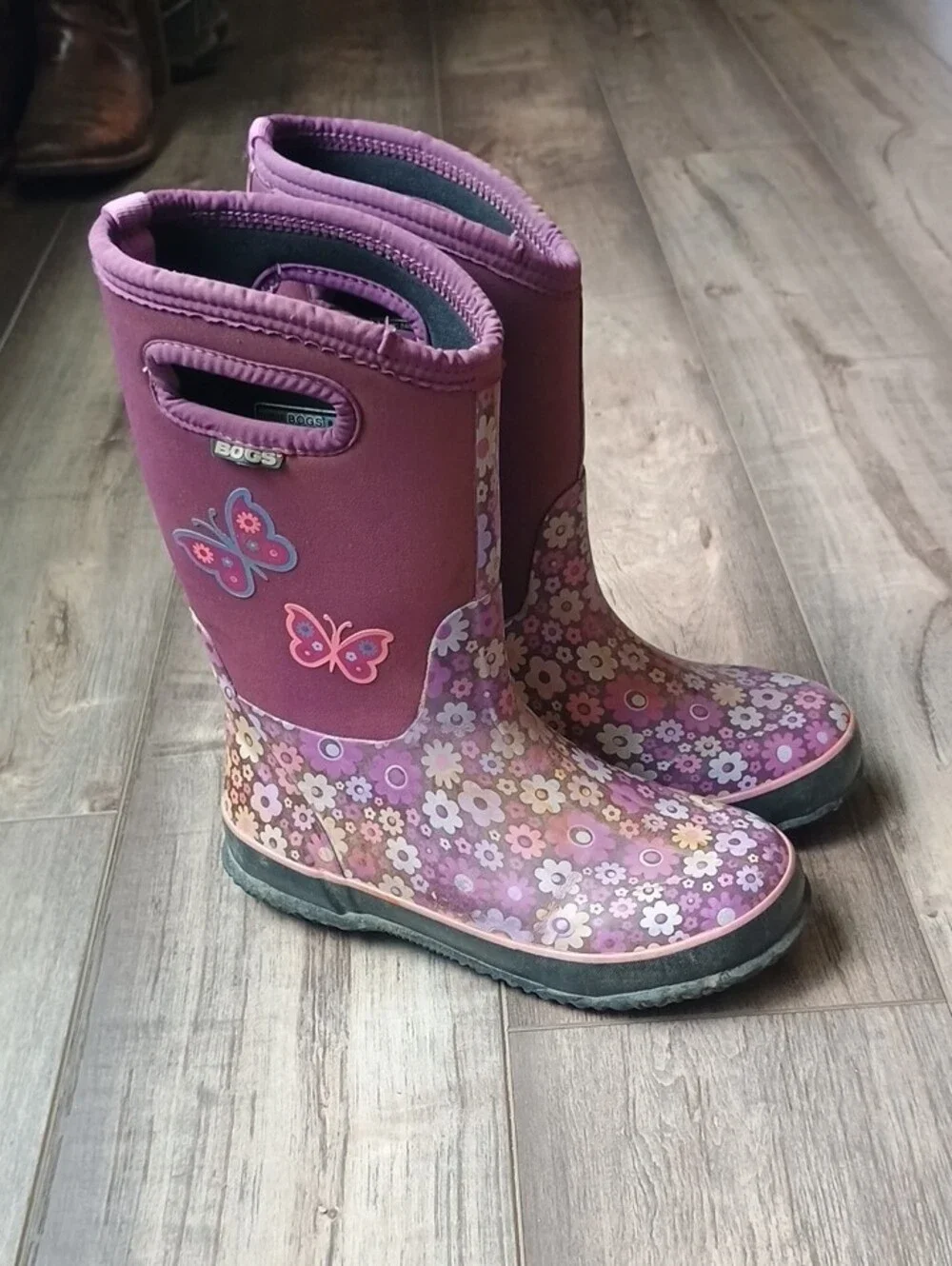 Bogs Kids Purple Floral & Butterfly Rain Mud Snow Chore Boots